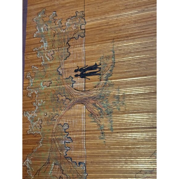 Vintage Bamboo Wall Hanging or rug With Nature Scene rectangle tree people READ - Picture 2 of 13